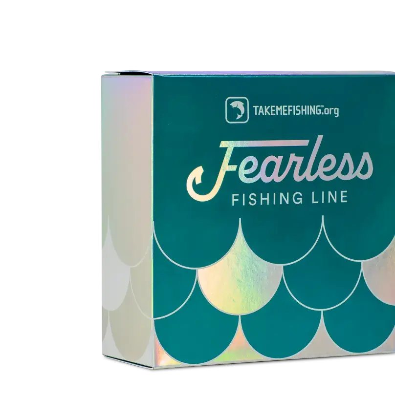 A custom folding carton for fishing supplies with 'Fearless Fishing Line' printed on the front. 