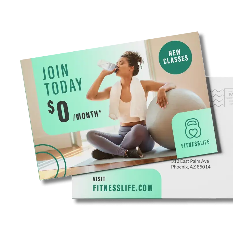 a postcard with an image of a woman doing yoga and the text 'Join Today.'
