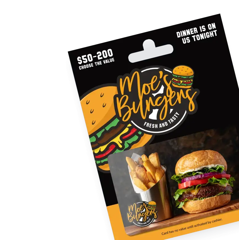 Gift cards for 'Moe's Burgers' with images of burgers.