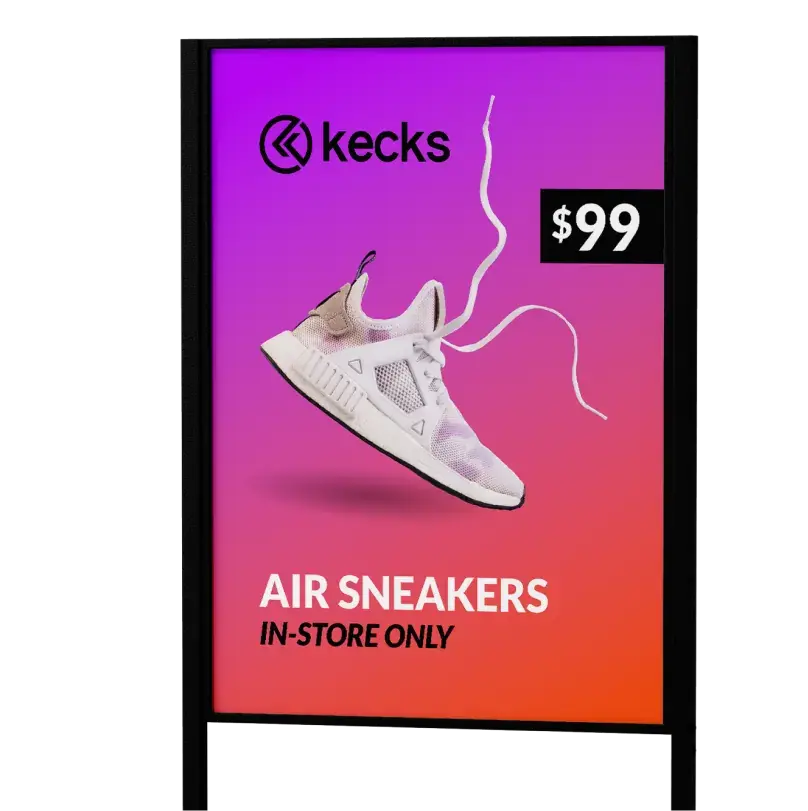 An in-store advertisement for sneakers priced at $99.