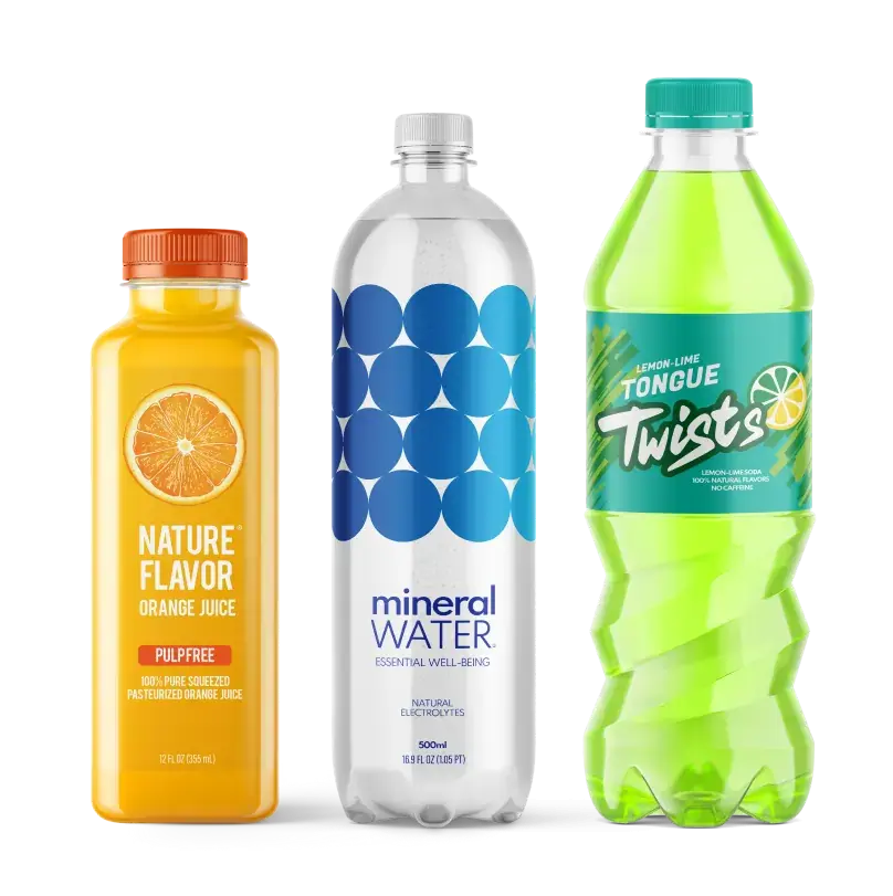 Three bottles: one orange juice bottle, one water bottle labeled 'Mountain Valley Spring Water,' and one green soda bottle labeled 'Twist Up.'