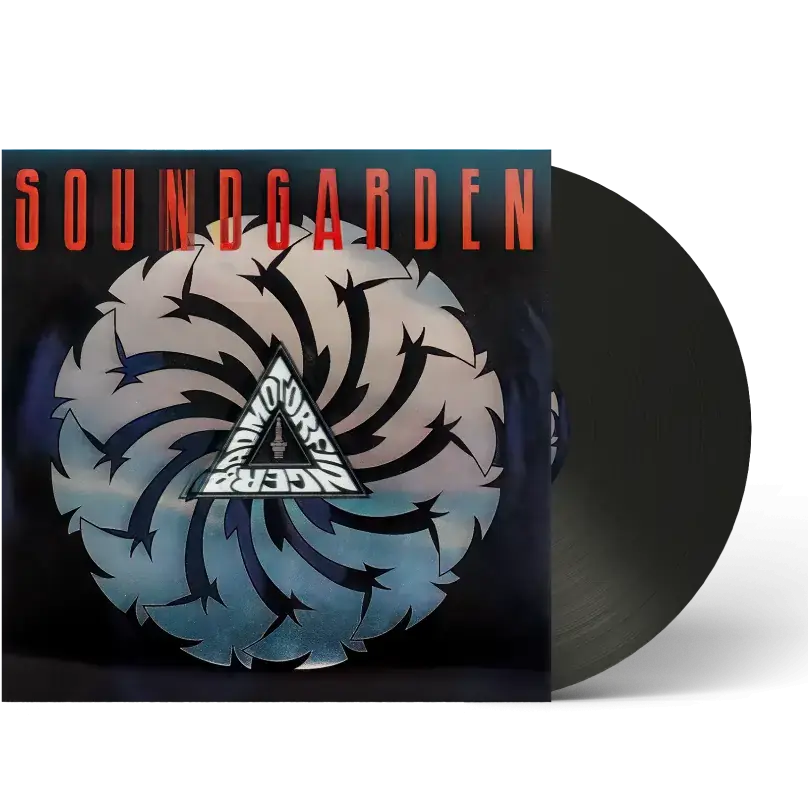 A lenticular print of a Soundgarden album cover with a swirling black and white design.