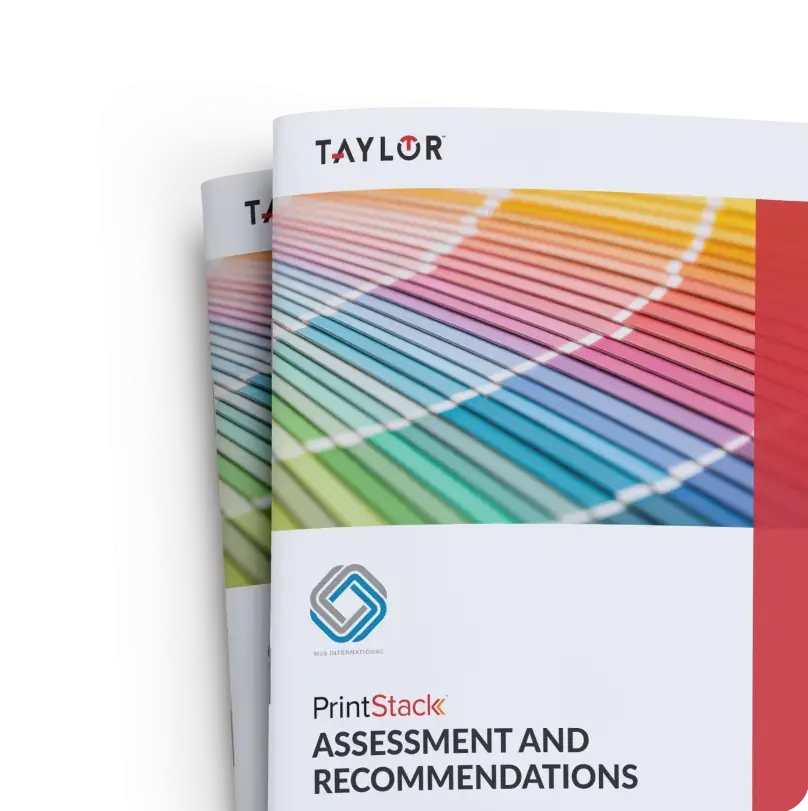 Two print management booklets with colorful gradient covers.