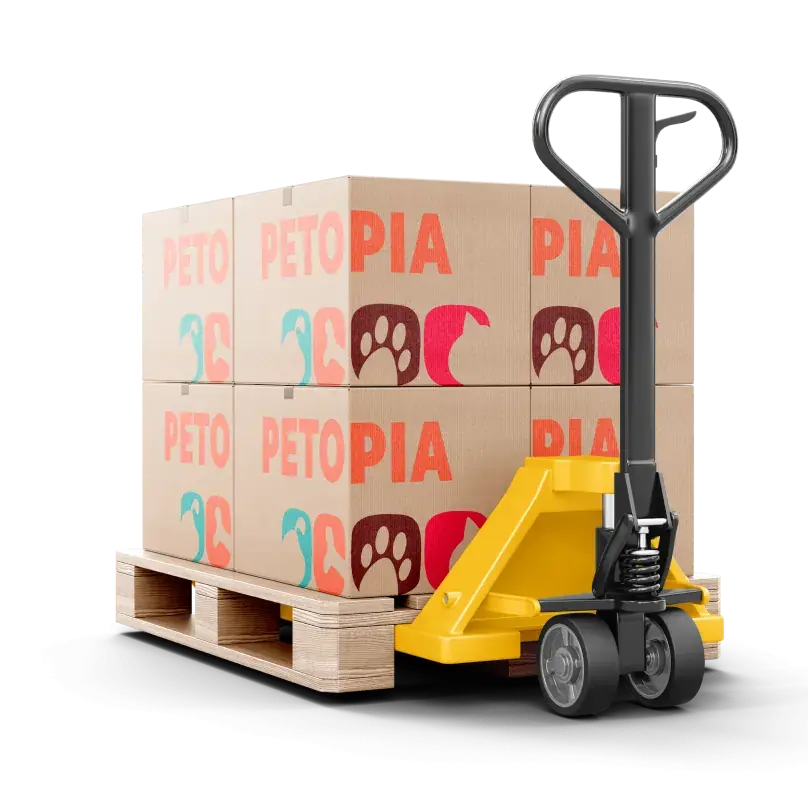 Stacked boxes on a pallet being carried by a yellow pallet jack. 